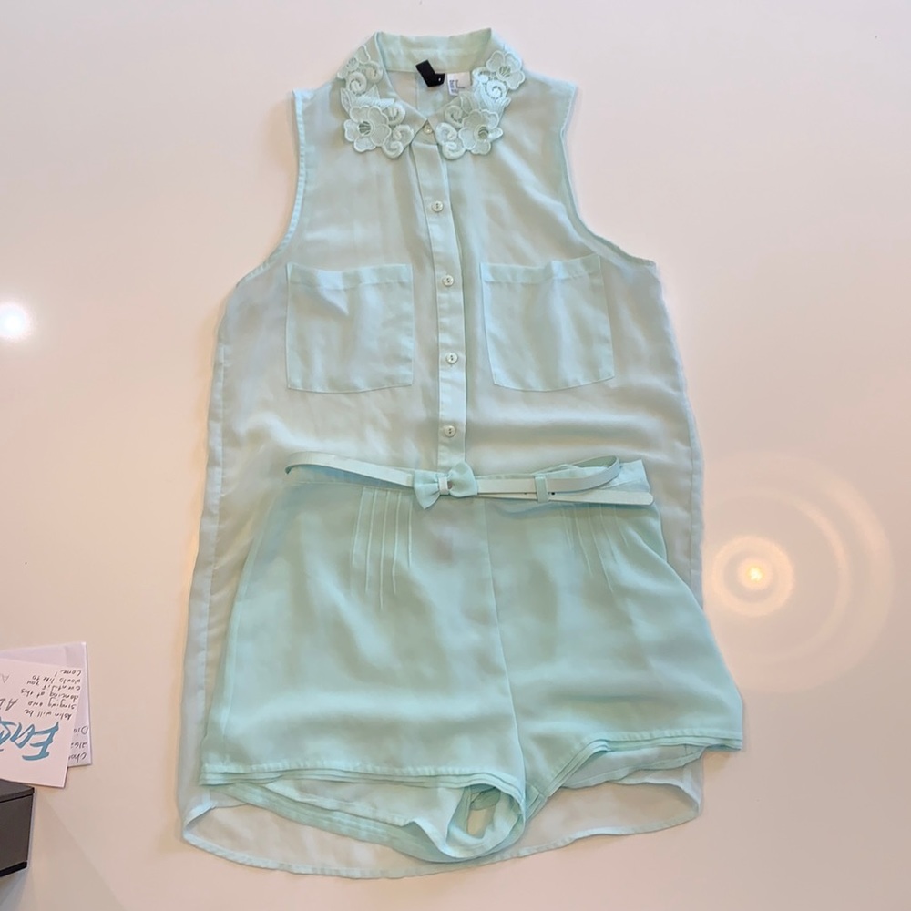 Millennial blue button up and short co-ord set